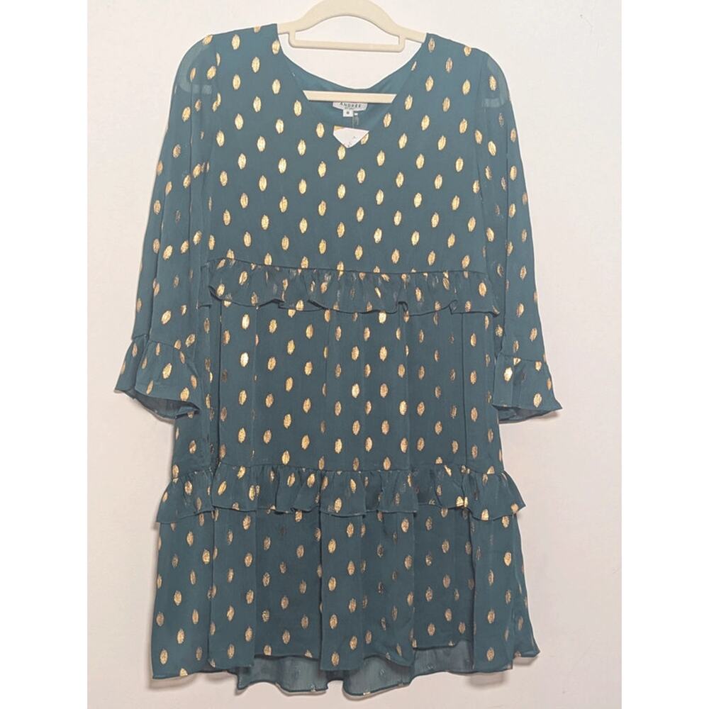 Andrée by Unit Teal Gold Foil Polka Dot Tiered Ruffle Dress Medium NWT